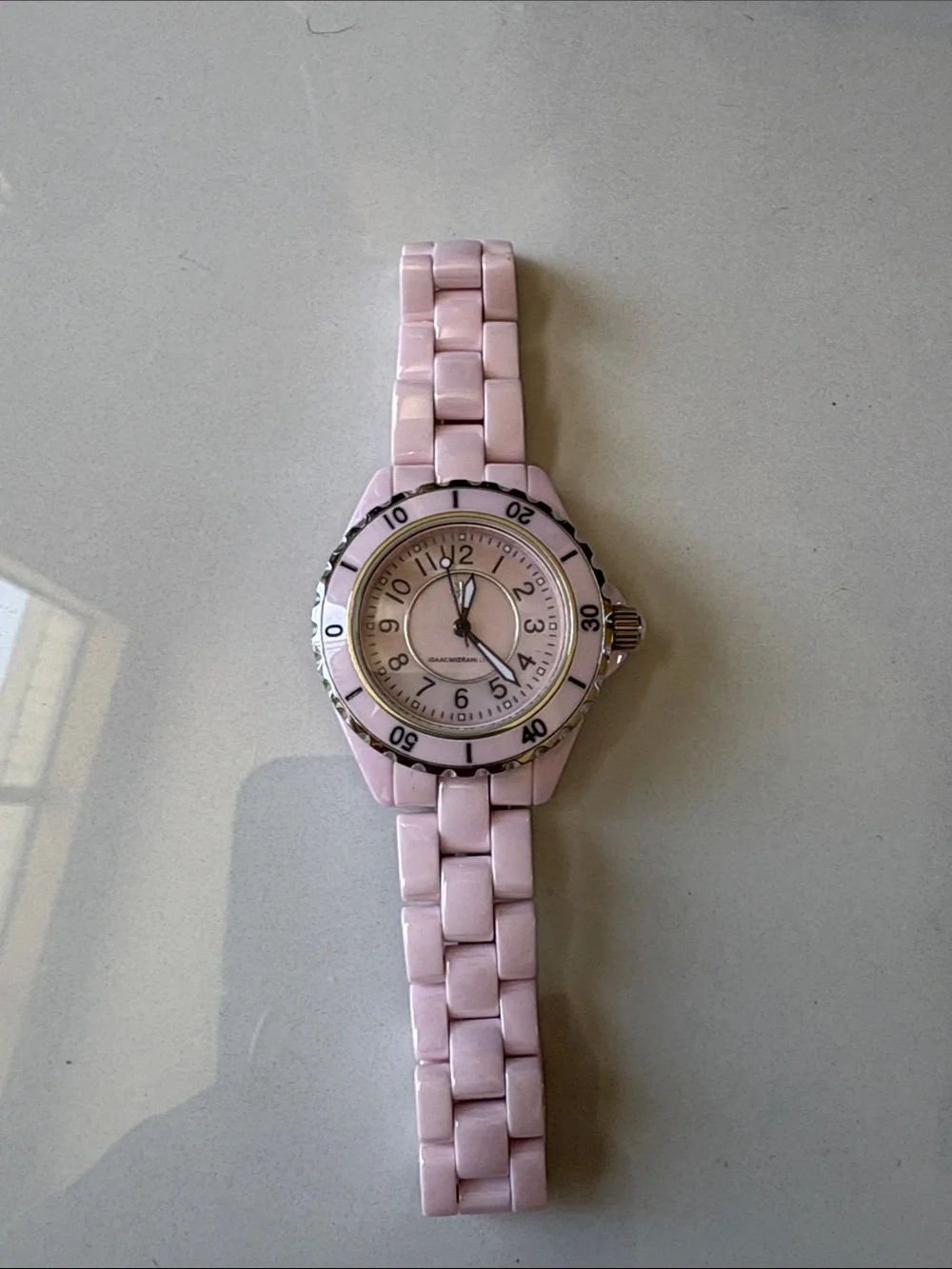 Isaac Mizrahi Pale Pink Ceramic Link Watch with Silver Accents